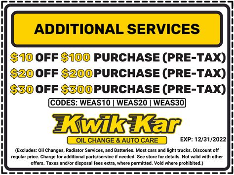 Feb 10, 2023 &0183;&32;Coupons Standard Full Service Oil Change (FS1FS2) 7 Off Any Premium Full Service Oil Change (FS3FS4FS5) 15 Off First Responders All Additional Services. . Kwik kar synthetic oil change coupon